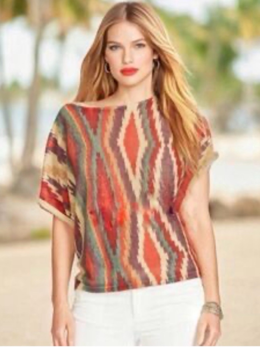 LAUREN Ralph Lauren Short Sleeve Aztec Print Linen Cotton Blend Knit Top - Small